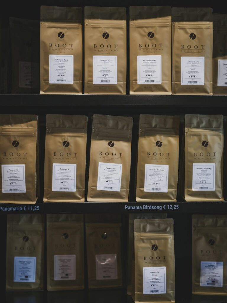 Dark roasted Sumatra coffee beans in packaging