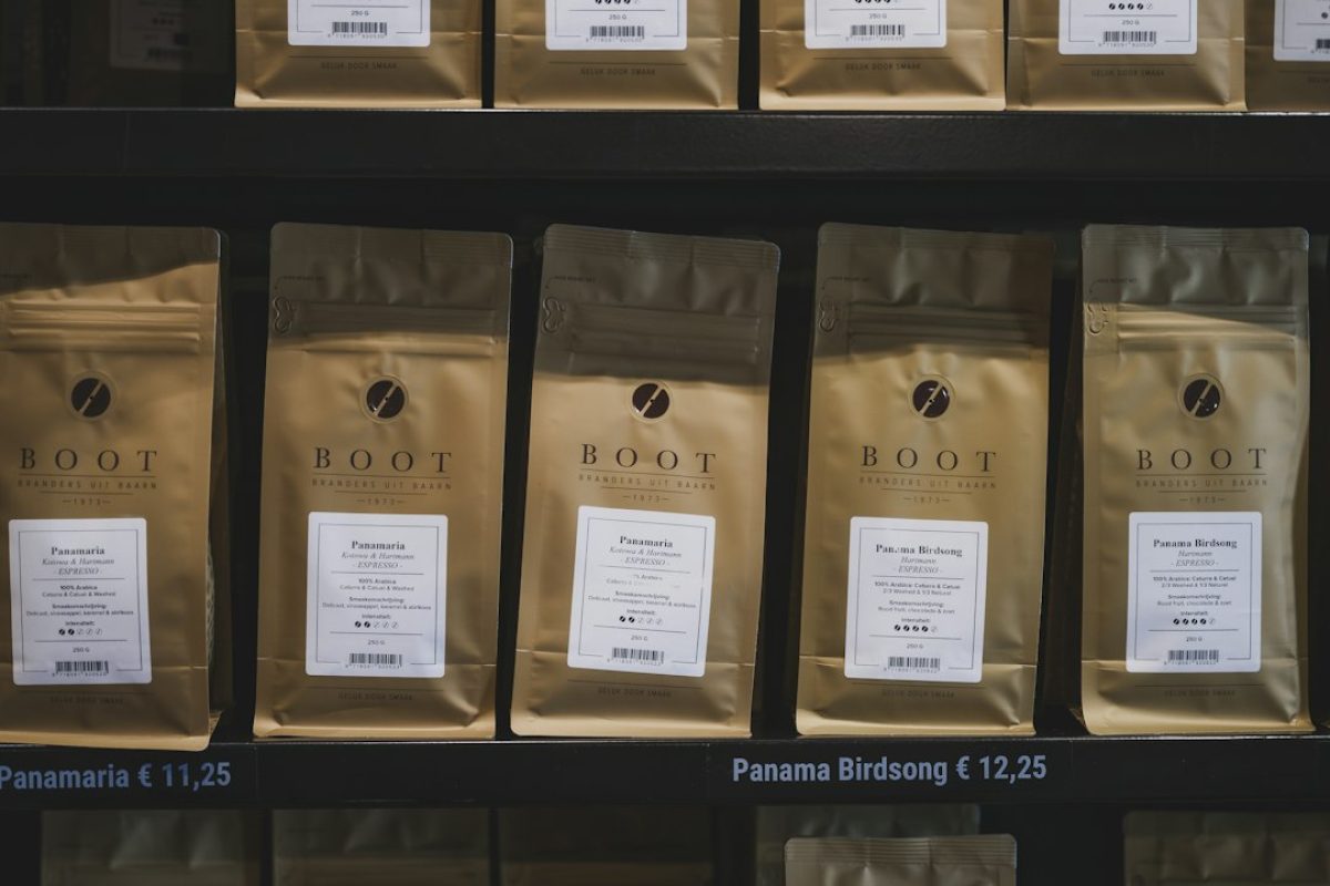 Dark roasted Sumatra coffee beans in packaging